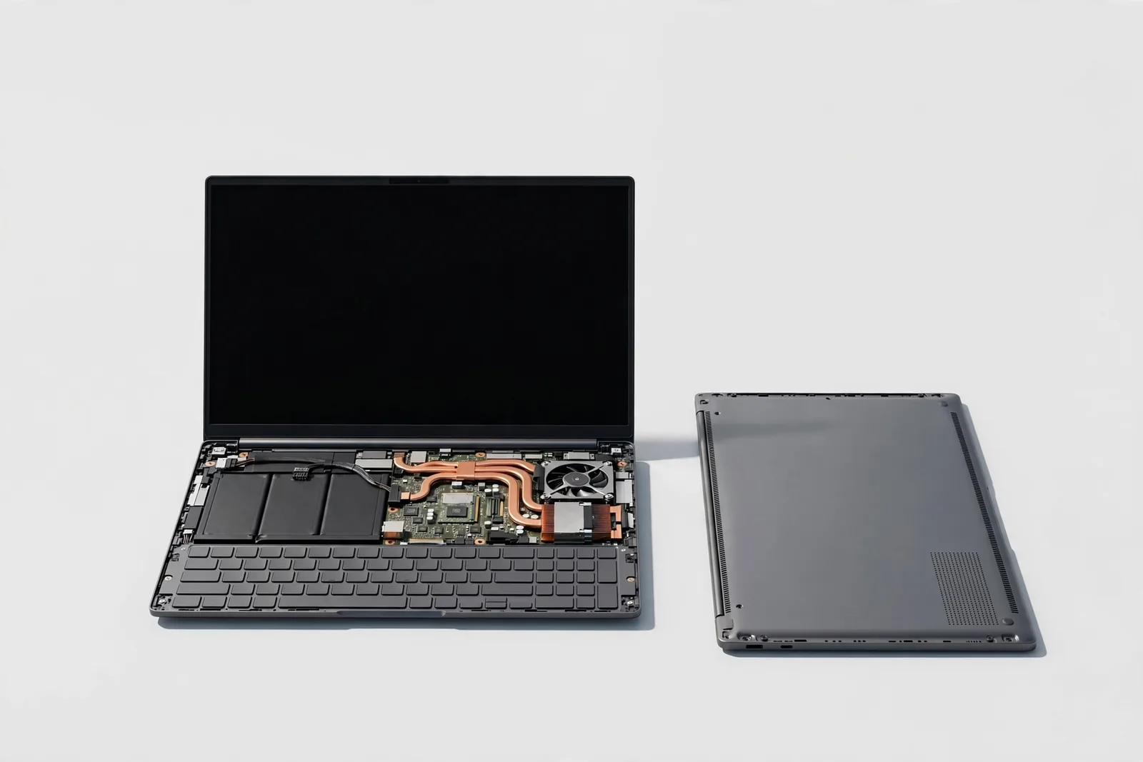An open laptop on a light grey table