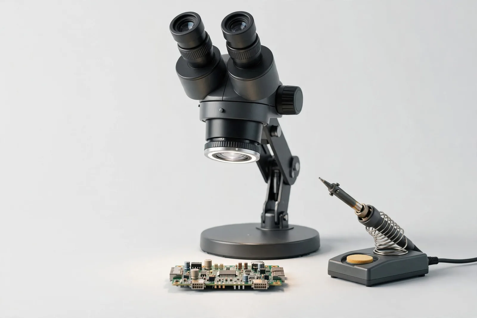 A circuit board under a magnifying lamp