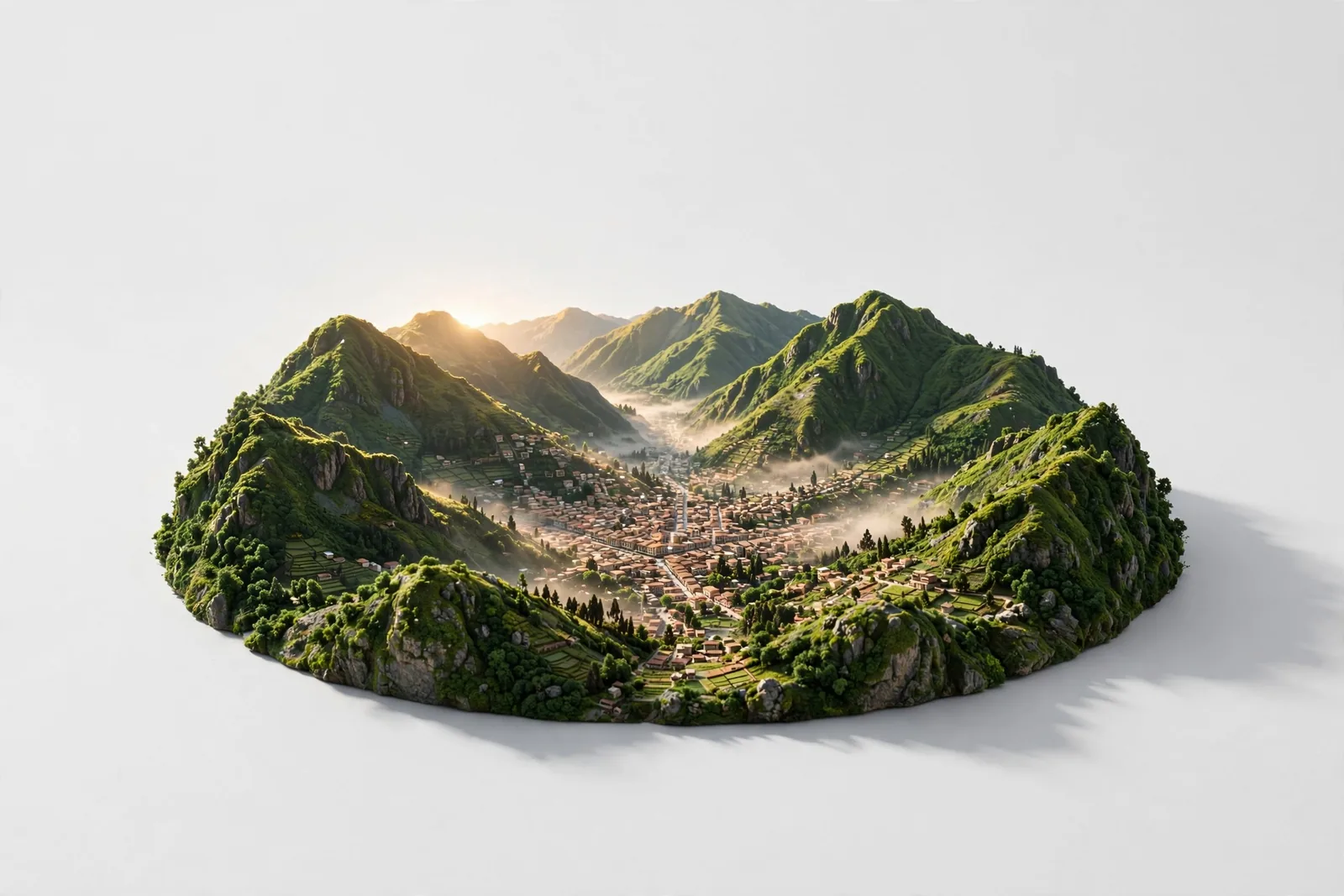 Streets and hills of a city at morning light